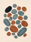 Kiezelstenen in de stijl Organic Geometry, in gedempt blauwgrijs, romige crème en terracotta, met een diepzwart accent