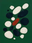 Kiezelstenen in de stijl Organic Geometry, in inktzwart en beenderwit, met één baan vermiljoen