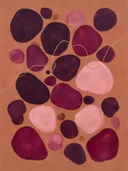 Kiezelstenen in de stijl Organic Geometry, in aubergine, diep magenta en zacht blos, met een dunne gouden lijn