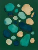 Kiezelstenen in de stijl Organic Geometry, in diep zeeblauw, turkoois en bleek aqua, met warm zand