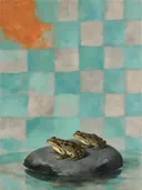 Schilderij van kikker in aqua en warm grijs, in vlakke kleurvlakken