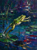 Kikker in beweging aan het water, schilderij van kikker