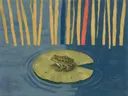 Schilderij van kikker in delfsblauw en mosterd, in vlakke kleurvlakken