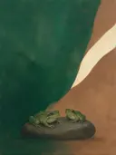 Schilderij van kikker in dennengroen en klei, in vlakke kleurvlakken