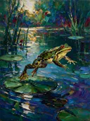 Kikker in diep beweging aan het water, schilderij van kikker