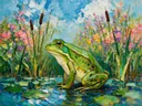 Kikker in diep pose in een bloementuin, schilderij van kikker