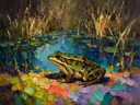 Kikker in diep pose tussen de grassen, schilderij van kikker