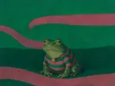 Kikker in diep smaragd en oud roze, schilderij van kikker