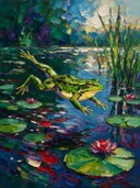 Kikker in donker beweging aan het water, schilderij van kikker