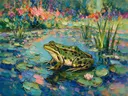 Kikker in donker pose in een bloementuin, schilderij van kikker