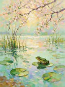 Kikker in het landschap bij bloesem, schilderij van kikker