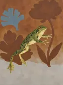 Schilderij van kikker in kaneel en duifgrijs, in vlakke kleurvlakken