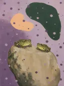 Schilderij van kikker in lila en mosgroen, in vlakke kleurvlakken