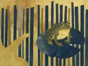 Schilderij van kikker in nachtblauw en goud, in vlakke kleurvlakken
