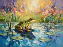 Kikker in pose in een bloementuin, schilderij van kikker