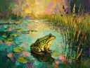 Kikker in pose tussen de grassen, schilderij van kikker