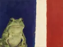 Schilderij van kikker in vermiljoen en indigo, in vlakke kleurvlakken