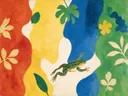 Schilderij van kikker in vier heldere kleuren naast elkaar, in vlakke kleurvlakken