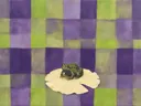 Schilderij van kikker in violet en limoen, in vlakke kleurvlakken
