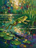 Kikker in warm beweging aan het water, schilderij van kikker