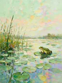 Kikker in warm het landschap in de mist, schilderij van kikker