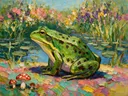 Kikker in warm pose in een bloementuin, schilderij van kikker