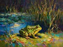 Kikker in warm pose tussen de grassen, schilderij van kikker