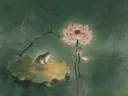 Schilderij van een kikker op een lotusblad, oosterse stijl in dennengroen