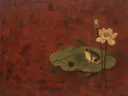 Kikker op een lotusblad in diep lakrood, schilderij van een kikker op een lotusblad, oosterse stijl