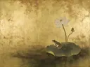 Schilderij van een kikker op een lotusblad, oosterse stijl in goud en brons