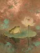 Kikker op een lotusblad in koper en turkoois, schilderij van een kikker op een lotusblad, oosterse stijl
