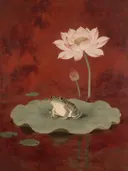 Kikker op een lotusblad in lakrood, schilderij van een kikker op een lotusblad, oosterse stijl