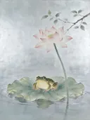 Schilderij van een kikker op een lotusblad, oosterse stijl in verweerd zilver