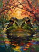 Kikker portret bij bloesem in diep amber, schilderij van kikker portret bij bloesem, met het paletmes geschilderd