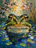 Kikker portret bij bloesem in petrol, schilderij van kikker portret bij bloesem, met het paletmes geschilderd