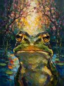 Kikker portret bij bloesem, schilderij van kikker portret bij bloesem, met het paletmes geschilderd