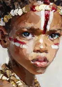 Close-up van kindergezicht met rood-wit-gouden ceremoniële schmink