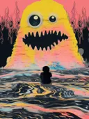 Surrealistische scène met het silhouet van een kind tegenover een groot geel fantasiewezen bij water
