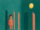 Schilderij van kind met ballon in petrol en koraal, in vlakke kleurvlakken