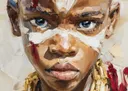 Close-up schilderij van een kind met blauwe ogen en witte gezichtsbeschildering