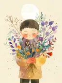 Schilderij van een kind met een groot boeket wilde bloemen en een maan op de achtergrond