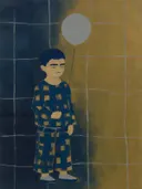 Kind onder de grijze bol in nachtblauw en goud, portret schilderij