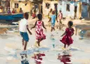 Schilderij van dansende kinderen op straat