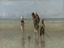 Kinderen der zee van Jozef Israels: zee met kinderen, strand, zee en waden, in zacht grijsblauw en zandkleur