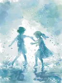 Silhouetten van twee kinderen die spelen in het water