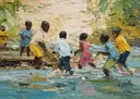 Groep kinderen speelt en waadt in een rivier