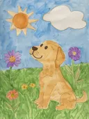 Tekening van een puppy in een tuin met zon, wolk en bloemen