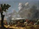 King Gustav Adolf II of Sweden in the Battle near Lützen van Jan Asselijn: figuren met veldslag, ruiters, paarden en rook, in gedempt grijs en okergeel