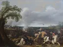 King Gustav II Adolf of Sweden at the Battle by Lützen November 16th, 1632 van Jan Asselijn: figuren met veldslag, ruiters, paarden en rook, in gedempt grijs en bruin