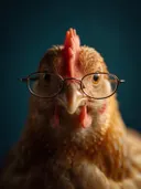 Studiofoto van kip met leesbril in petrolblauw, tegen een achtergrond in petrolblauw